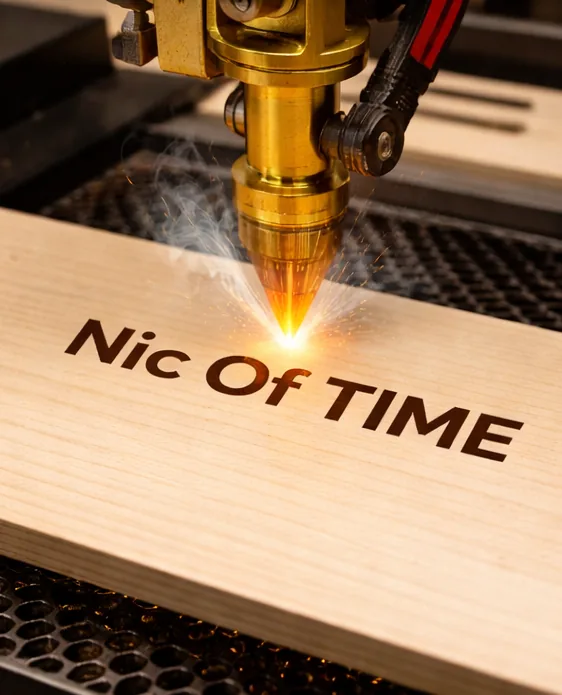 Laser cutting Nic Of Time Printing branding into wood